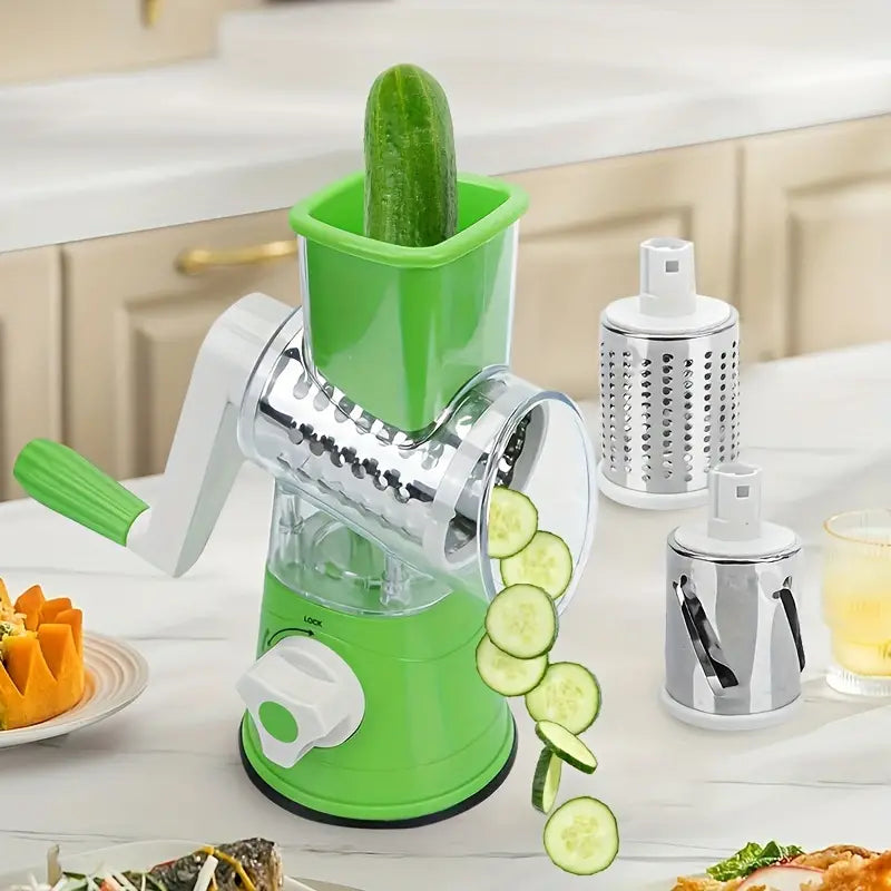 Multifunctional 3-in-1 Cheese Grater, Vegetable Slicer, and Fruit Slicer - Manual Food Grater for Potatoes and Vegetables, Tabletop Drum Greater