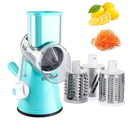 Multifunctional 3-in-1 Cheese Grater, Vegetable Slicer, and Fruit Slicer - Manual Food Grater for Potatoes and Vegetables, Tabletop Drum Greater